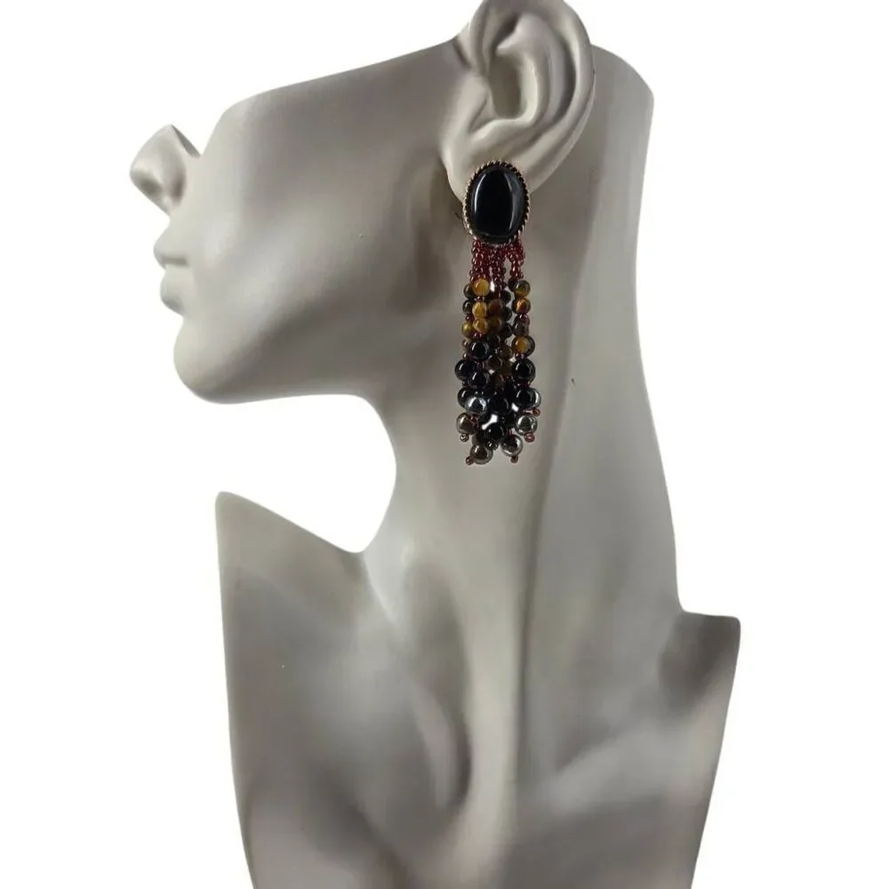 1980s Black Glass Beaded Fringe Clip-On Earrings | Statement 3.6